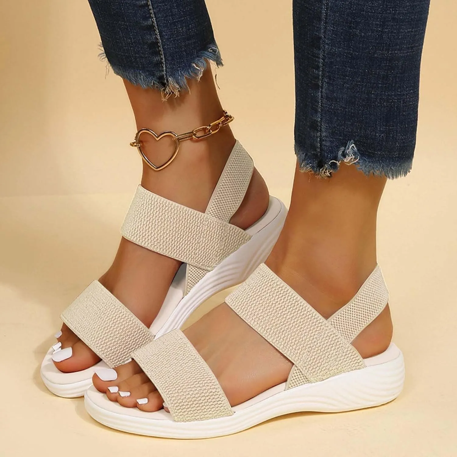 Women's Backstrap Sandal Casual Platform Open Toe Wedge Sandals Stroll Flat Walking Air Cushion Comfort Summer Shoes Knit Elastic Ankle Strap Platfor Slippers