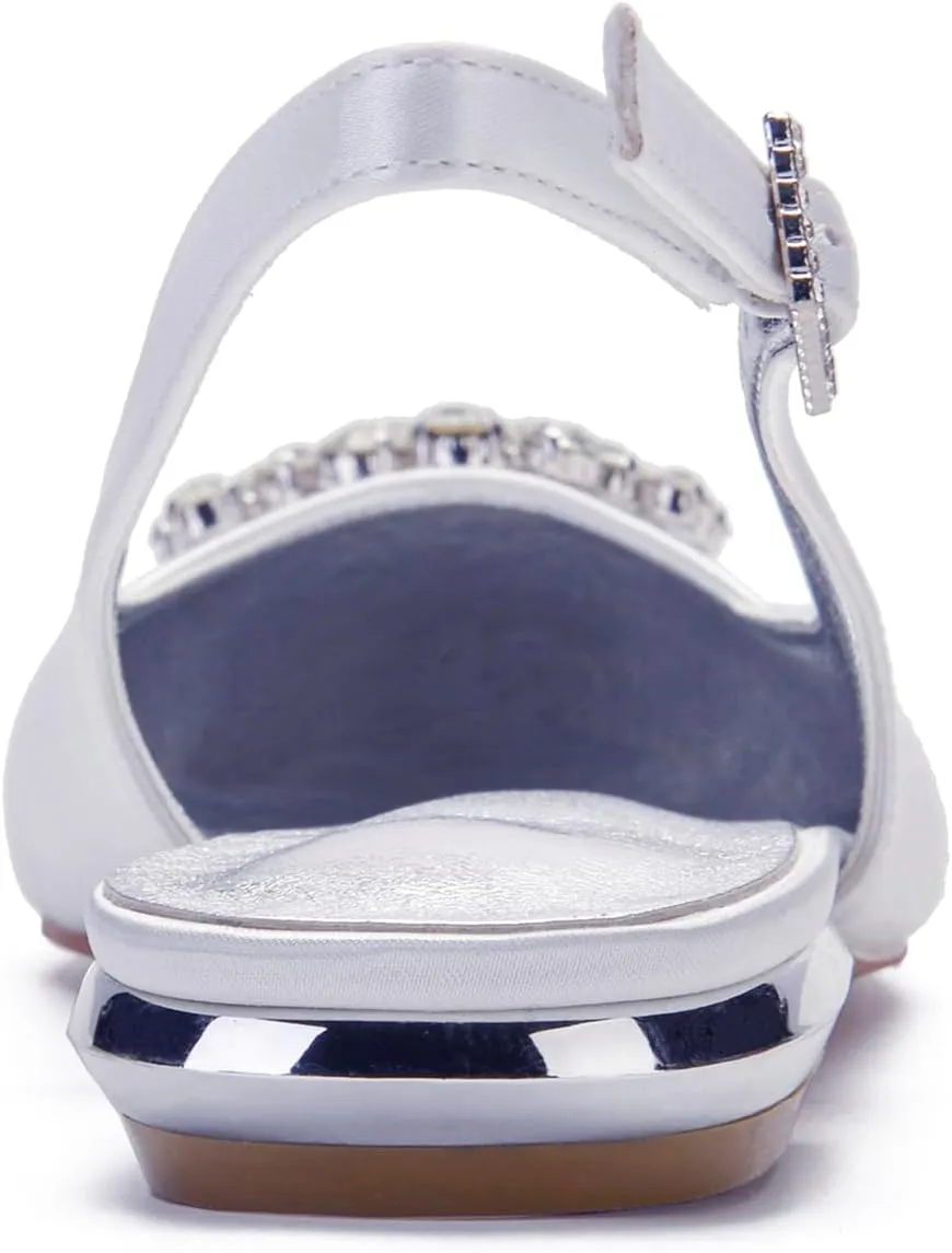 Womens Bridal Shoes Slip on Slingback Sandals Low Heel Flat High Heel Rhinestones Pumps Strappy Wedding Shoes for Prom Party Comfortable Satin