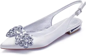 Womens Bridal Shoes Slip on Slingback Sandals Low Heel Flat High Heel Rhinestones Pumps Strappy Wedding Shoes for Prom Party Comfortable Satin