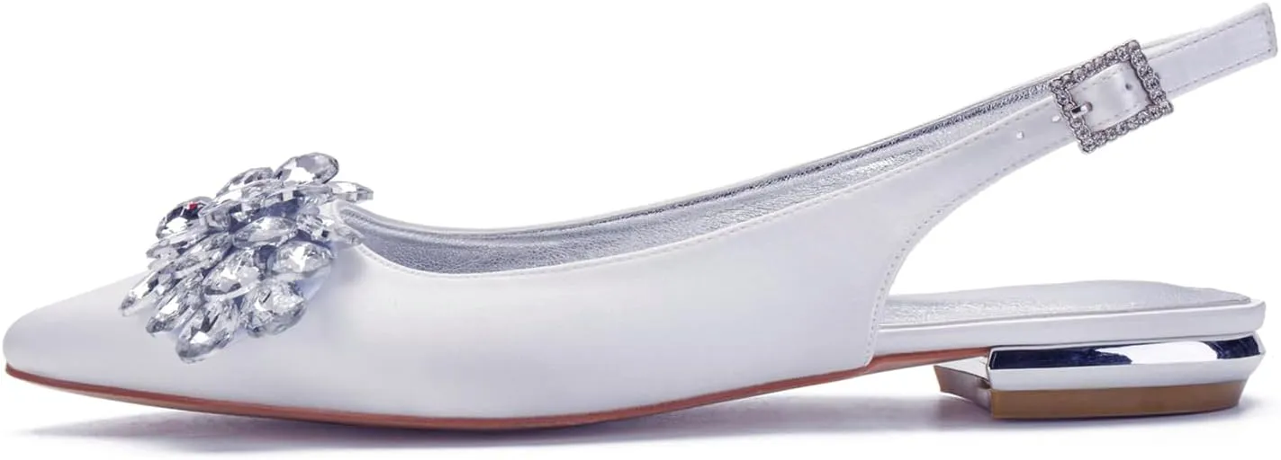 Womens Bridal Shoes Slip on Slingback Sandals Low Heel Flat High Heel Rhinestones Pumps Strappy Wedding Shoes for Prom Party Comfortable Satin