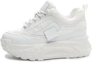 Women's Chunky Increase Height Lace-up Fashion Sneakers Shiny Anti-Slip Wear-Resistant Breathable Platform Wedge Low-top Sport Walking Shoes