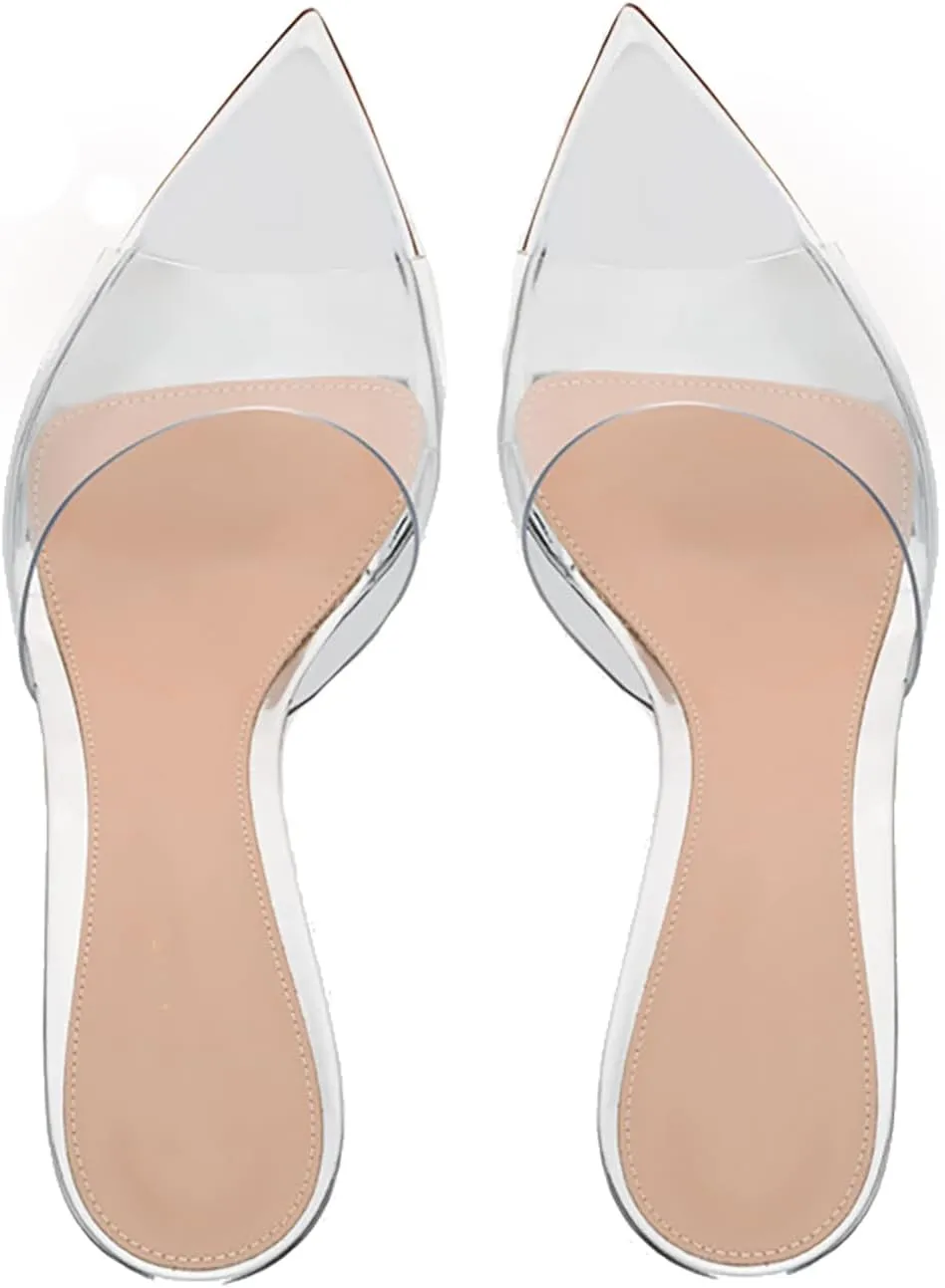 Women's Clear Pointed Open Toe Stiletto Heel Slide Sandals Fashion Sexy Slip On Transparent Strap High Heels Mules Summer Backless Party Wedding Prom Dress Shoes