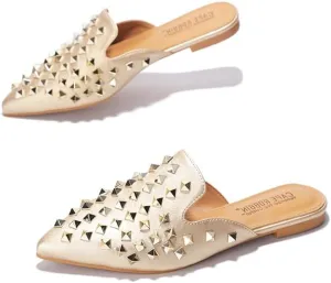 Women's Closed Toe Flats with Studs - Pointed Toe Mules for Women, Dressy Comfortable Spiky Flat Mules with Non-Slip Sole (Enny) Gold 11