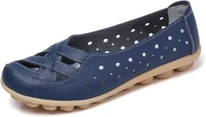 Women's Cowhide Leather Shoes Loafers Flats Sandals Slip-On Cutout Orthopedic Breathable Comfortable Hollow Soft Summer Casual Leather, Loafer Fashion Slip On Walking Round Toe Nurse Driving Shoes