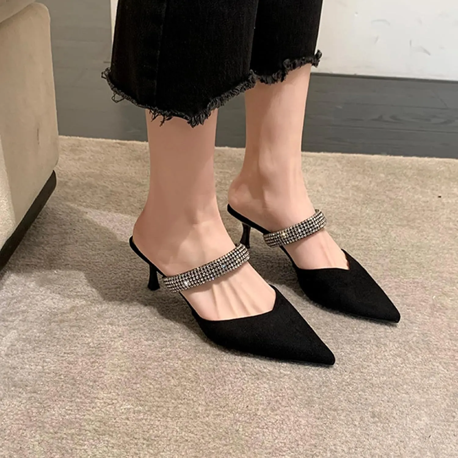 Women’s Fashion Leather Kitten Heel Mules Closed Pointed Toe Rhinestone Strap Backless Slip On Dress Pumps Lightweight Daily Party Causal Sandals