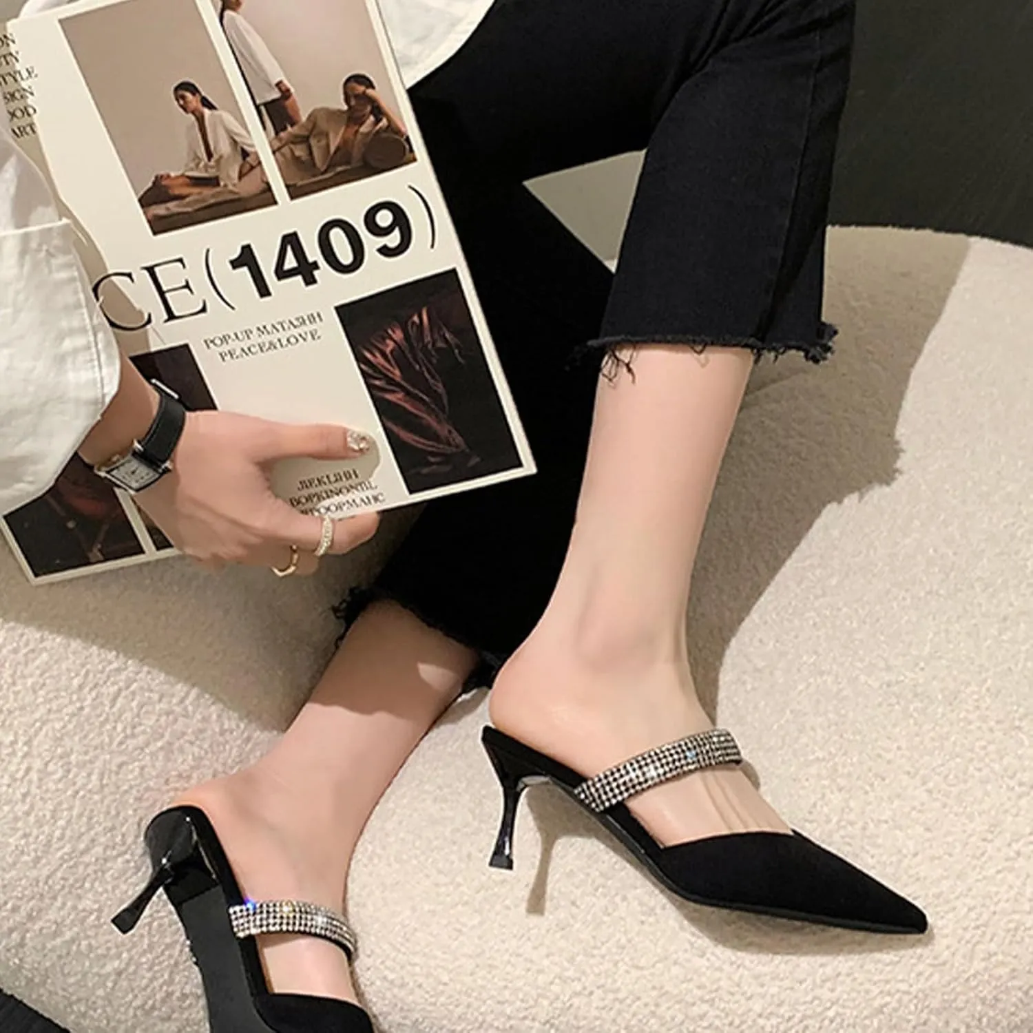 Women’s Fashion Leather Kitten Heel Mules Closed Pointed Toe Rhinestone Strap Backless Slip On Dress Pumps Lightweight Daily Party Causal Sandals