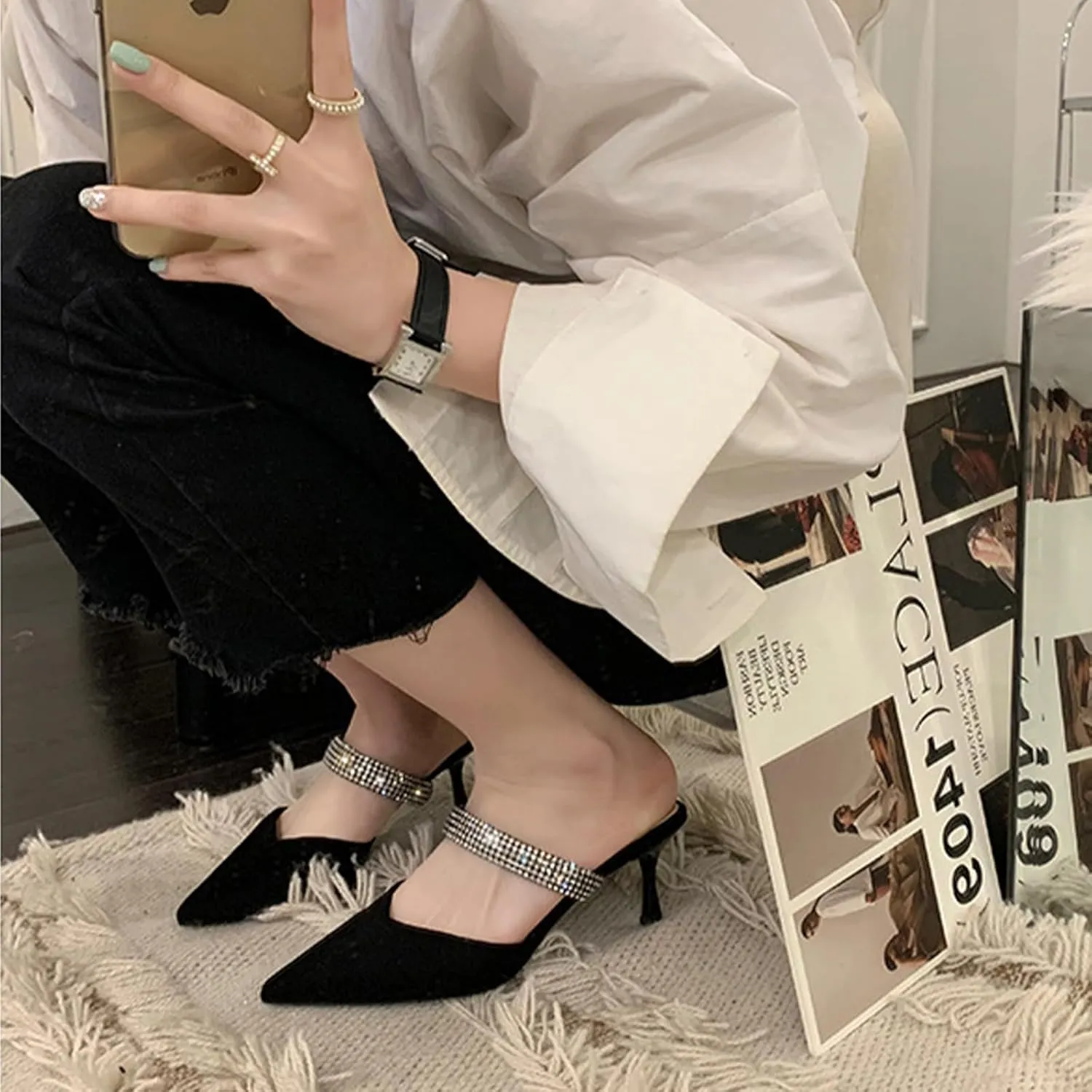 Women’s Fashion Leather Kitten Heel Mules Closed Pointed Toe Rhinestone Strap Backless Slip On Dress Pumps Lightweight Daily Party Causal Sandals