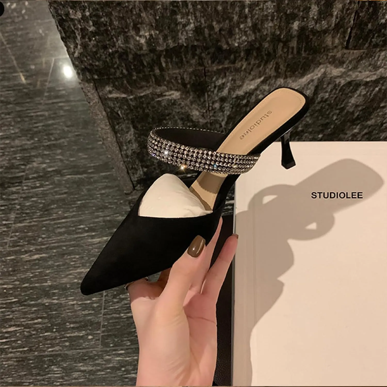 Women’s Fashion Leather Kitten Heel Mules Closed Pointed Toe Rhinestone Strap Backless Slip On Dress Pumps Lightweight Daily Party Causal Sandals