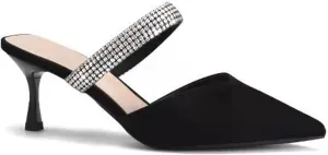 Women’s Fashion Leather Kitten Heel Mules Closed Pointed Toe Rhinestone Strap Backless Slip On Dress Pumps Lightweight Daily Party Causal Sandals