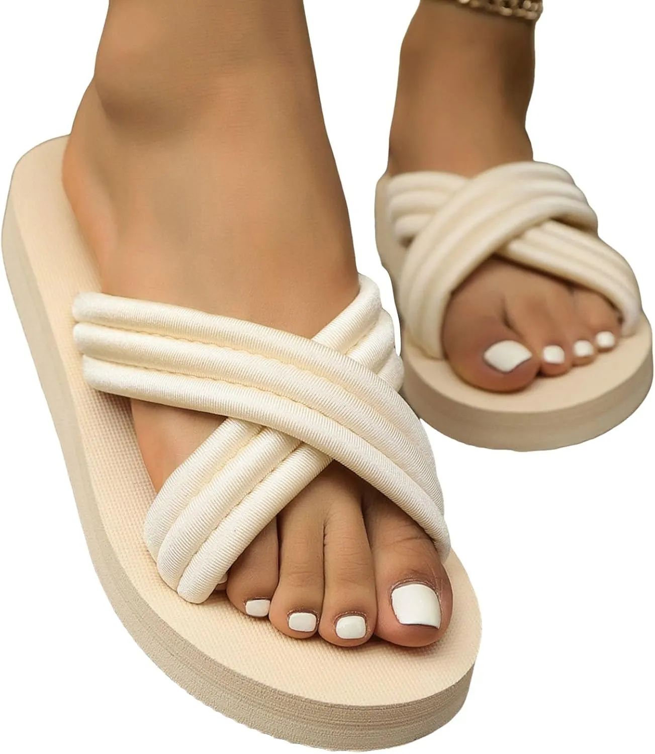 Women's Fashion Slide Sandal Women's Thick Soled Over Large Size Slippers Fashionable Beach One Word Printing Solid