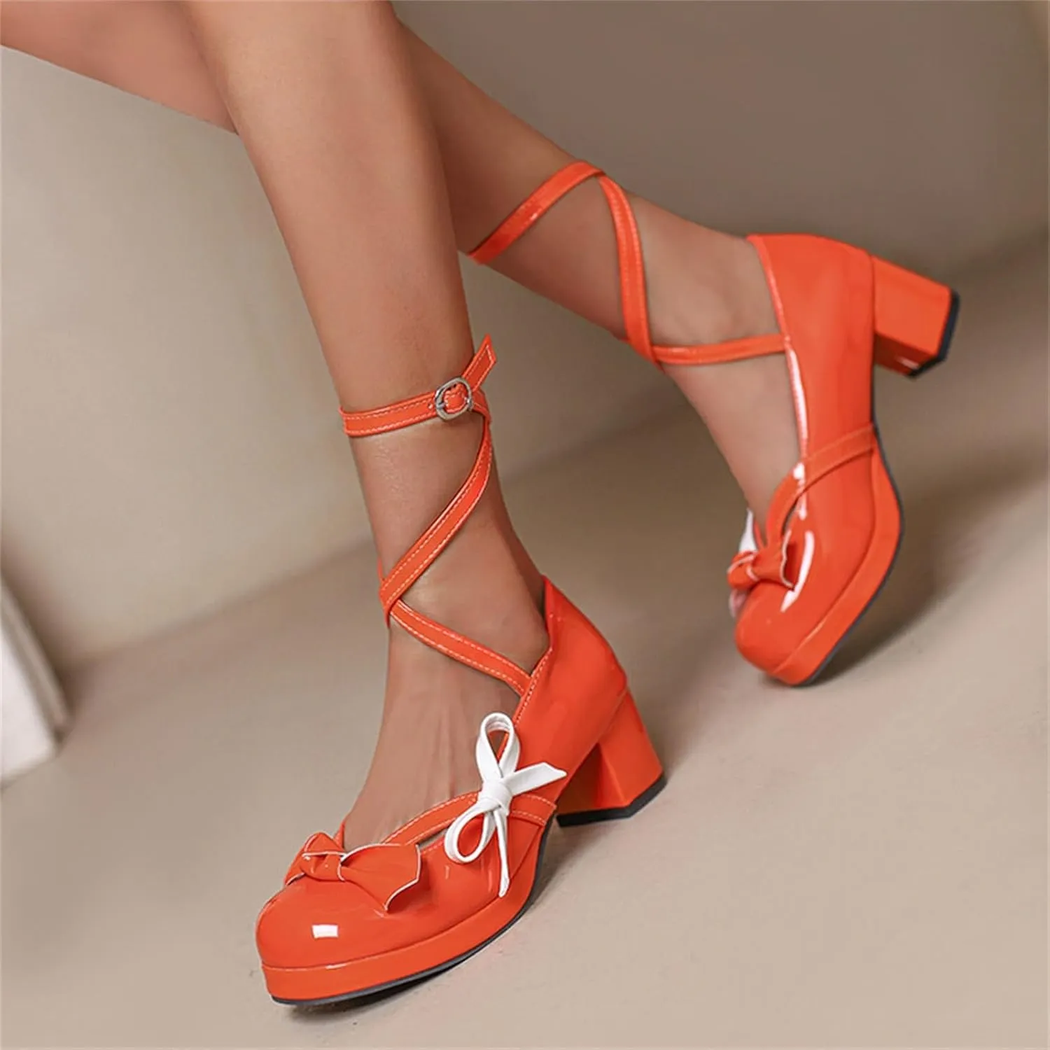 Women's Fashionable Bright Leather Lolita Bow Decorated Casual Thick Heel Sandals Women Party Sandals Flat Thong Sandals