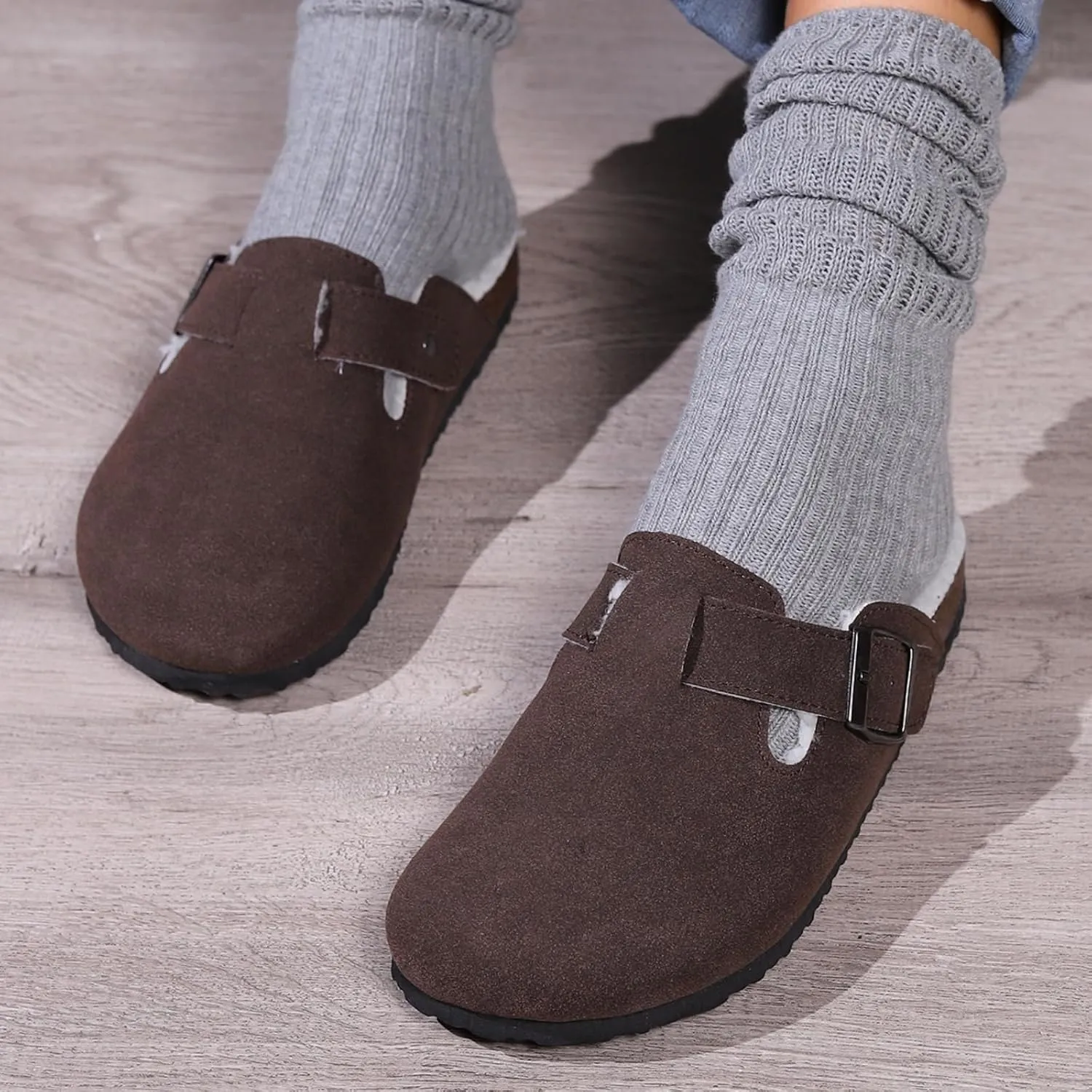Women's Faux Suede Slip-On Clogs with Buckle Strap Faux Fur Lining Womens Slippers