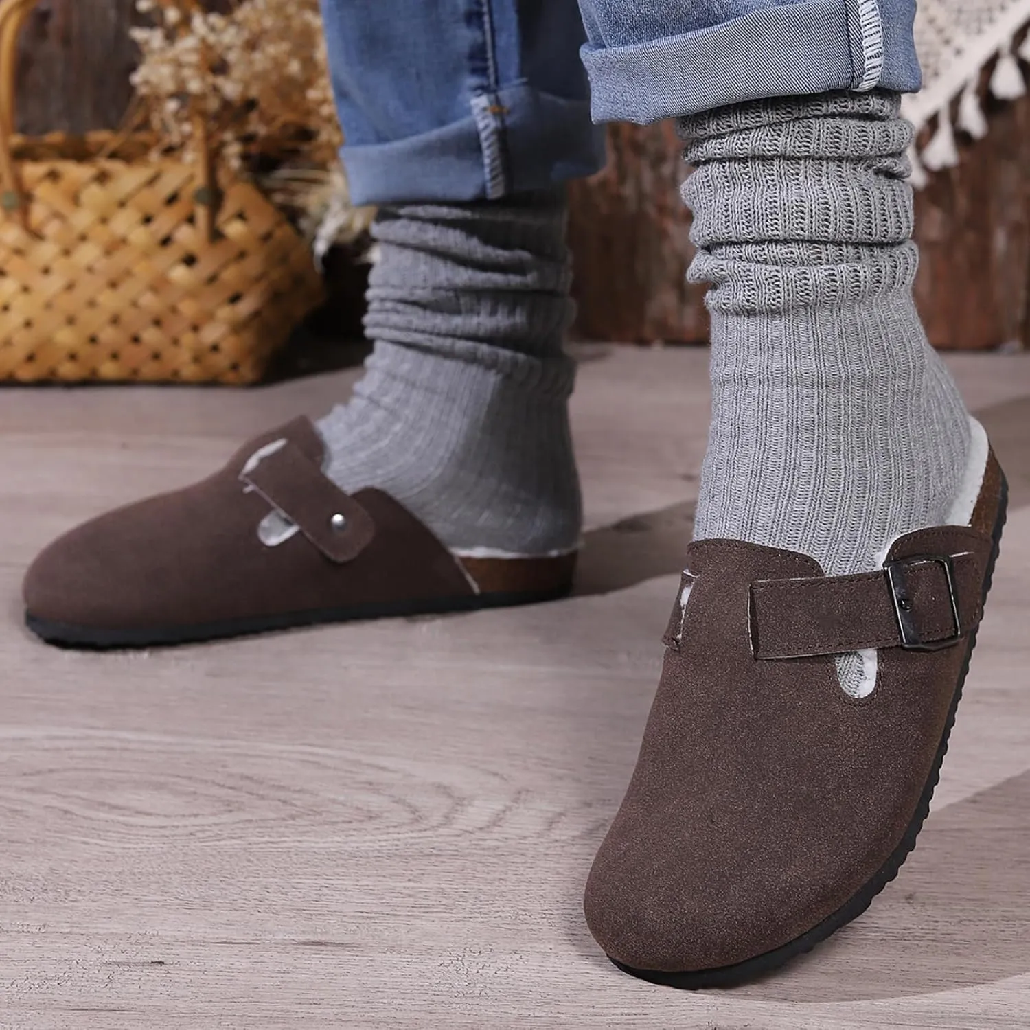 Women's Faux Suede Slip-On Clogs with Buckle Strap Faux Fur Lining Womens Slippers