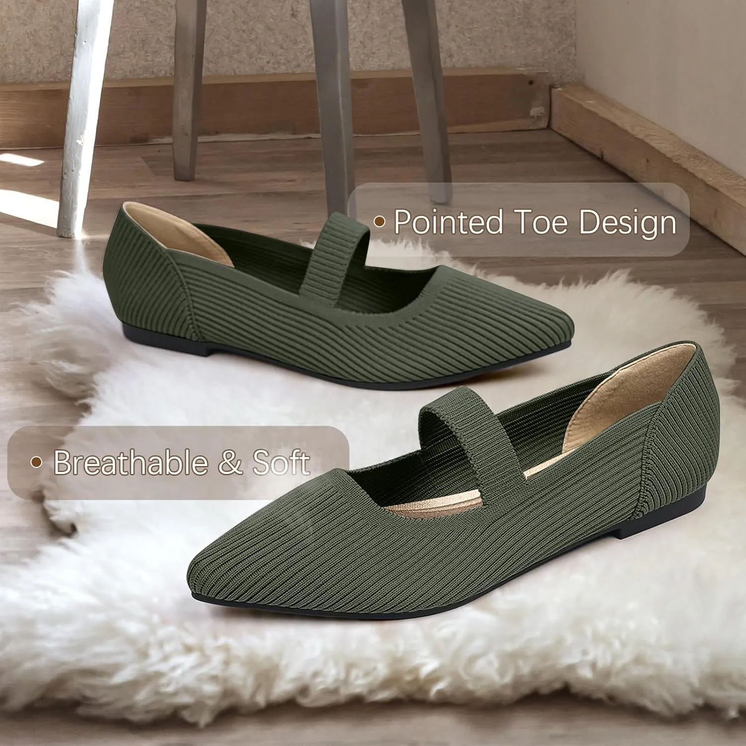 Women's Flats Shoes Pointed Toe Knit Washable Ballet Comfortable Dressy Mary Jane Flat