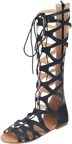 Womens Gladiator Sandals Flats Knee High Summer Dress Boots with Zip Back, Stylish Criss-Cross Tied Lace Up Sandal Strappy Roman Bohemia Sexy Bandage Shoes