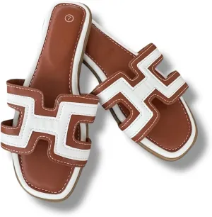 Women's H-Style Slide Sandals, Contrast Stitching, Multiple Colors, Flat Casual Slip-On.