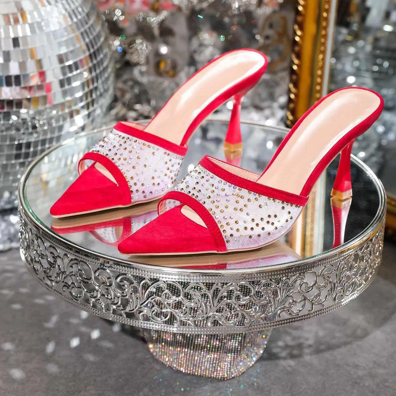 Women's High Heeled Slippers,Women Embellished Rhinestone Tulle Mules Pointed Peep Toe Sparkly Slip On Sandals