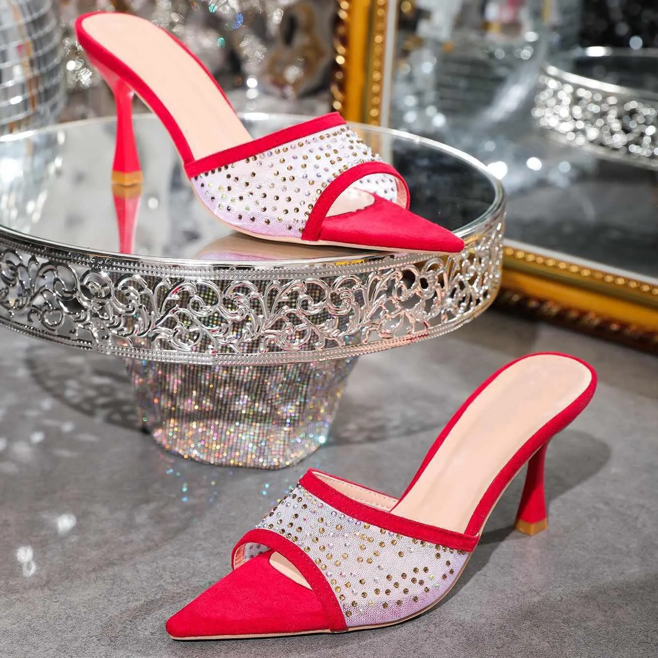 Women's High Heeled Slippers,Women Embellished Rhinestone Tulle Mules Pointed Peep Toe Sparkly Slip On Sandals