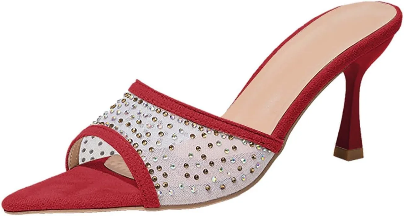 Women's High Heeled Slippers,Women Embellished Rhinestone Tulle Mules Pointed Peep Toe Sparkly Slip On Sandals