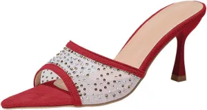 Women's High Heeled Slippers,Women Embellished Rhinestone Tulle Mules Pointed Peep Toe Sparkly Slip On Sandals