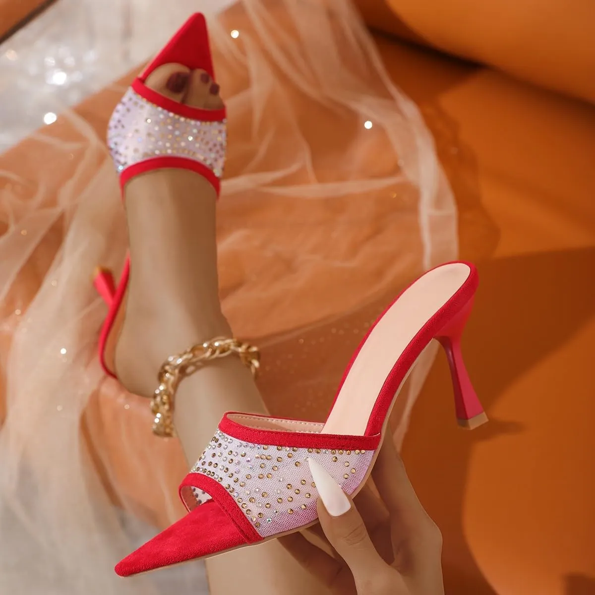Women's High Heeled Slippers,Women Embellished Rhinestone Tulle Mules Pointed Peep Toe Sparkly Slip On Sandals