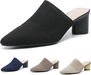 Women’s Knit Mesh Backless Chunky Heel Mules Closed Pointed Toe Slip On Mid Block Heel Dress Pump Sandals Summer Breathable Office Daily Slippers