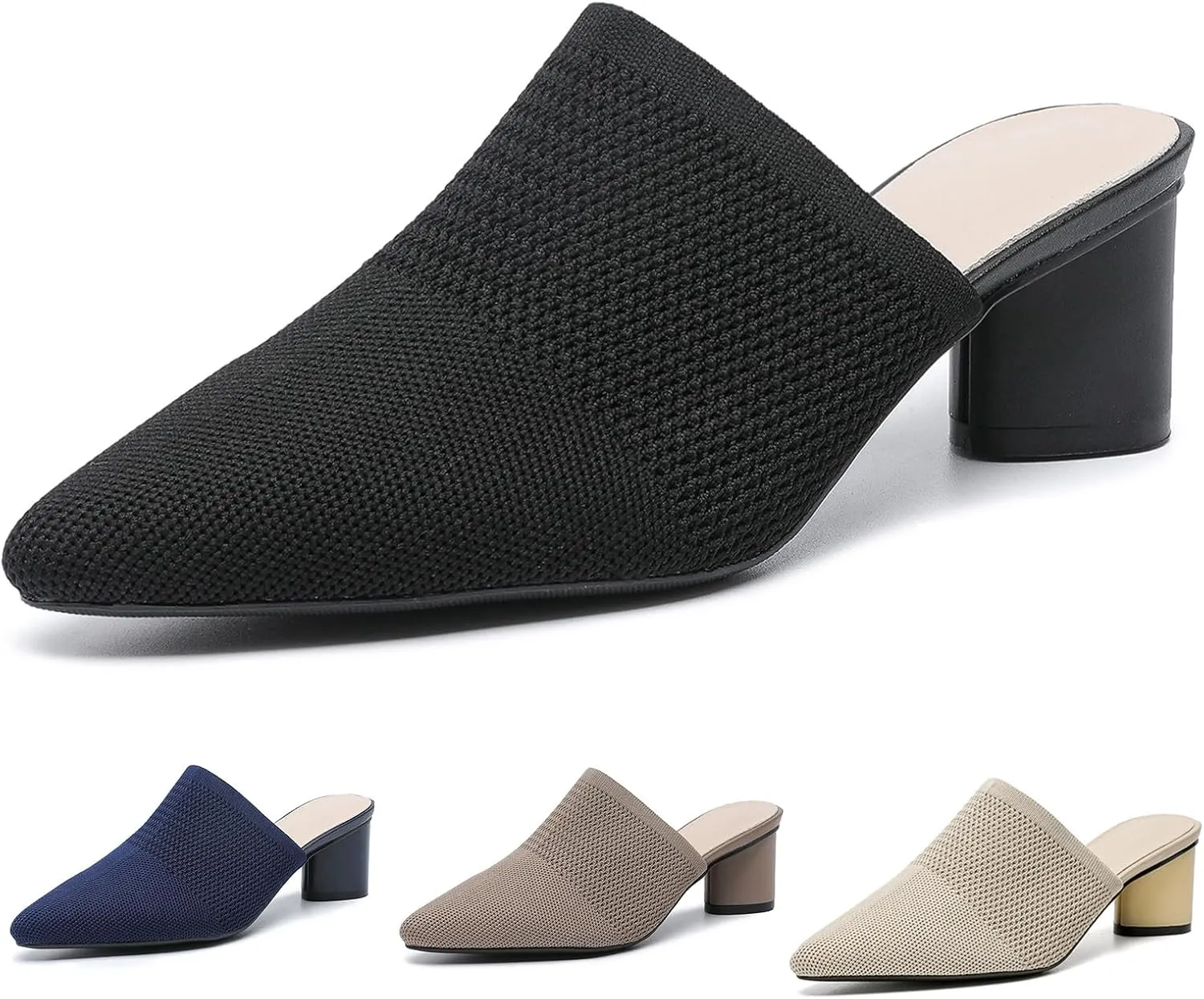 Women’s Knit Mesh Backless Chunky Heel Mules Closed Pointed Toe Slip On Mid Block Heel Dress Pump Sandals Summer Breathable Office Daily Slippers