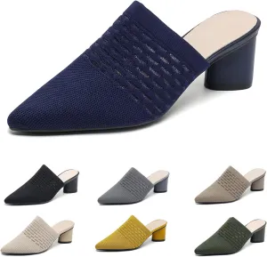 Women’s Knit Mesh Chunky Heel Mules Closed Pointed Toe Backless Slip On Mid Block Heel Dress Slide Sandals Summer Breathable Daily Party Pumps