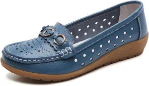 Women's Leather Classic Wedge Moccasins Slip-Ons Casual Walking Driving Cutout Breathable