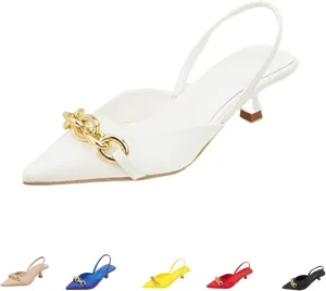 Women's Leather Metal Kitten Heel Slingback Dress Pumps, Fashionable Closed Pointed Toe Elastic Ankle Strap Backless Low Stiletto Mule Sandals for Wedding Party