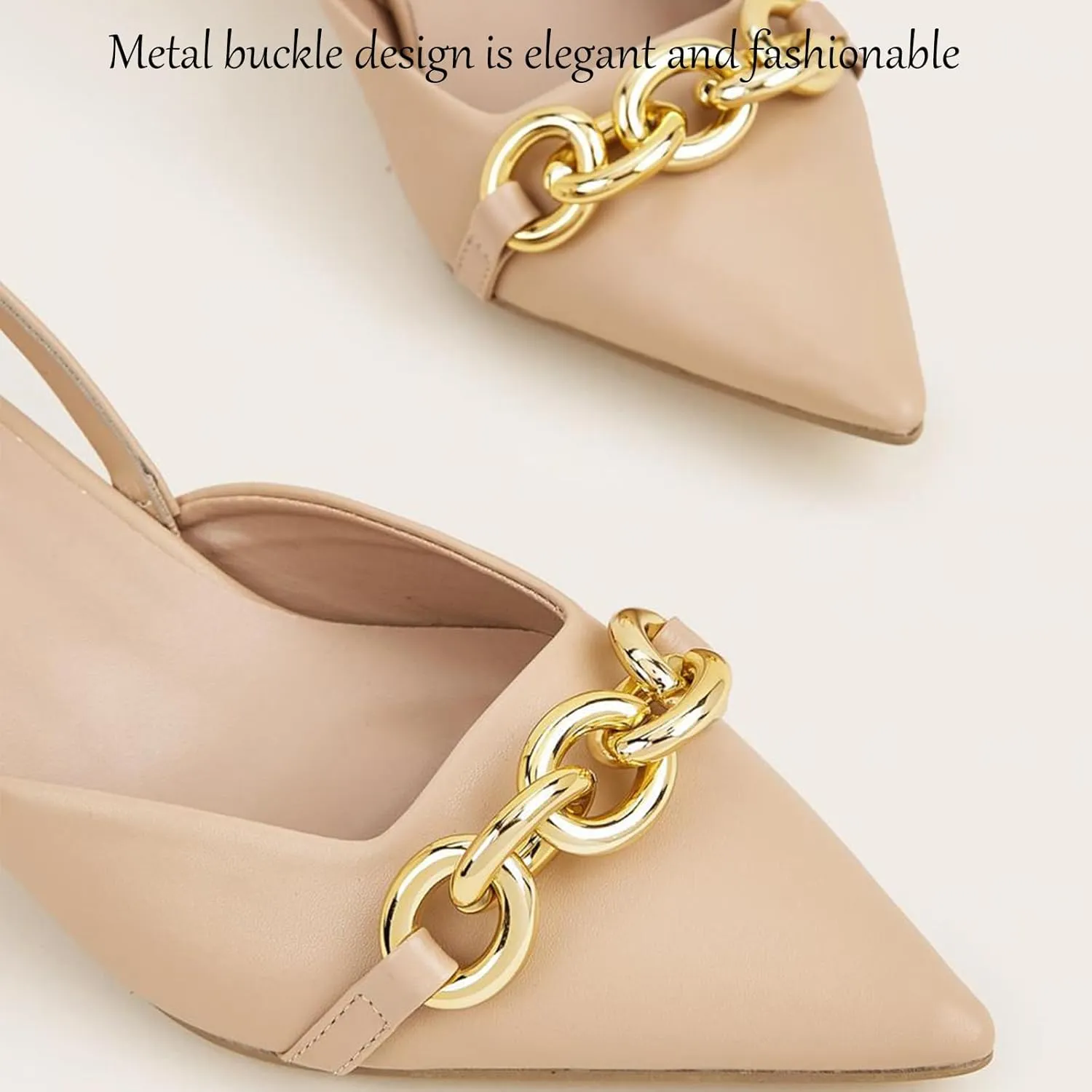 Women's Leather Metal Kitten Heel Slingback Dress Pumps, Fashionable Closed Pointed Toe Elastic Ankle Strap Backless Low Stiletto Mule Sandals for Wedding Party