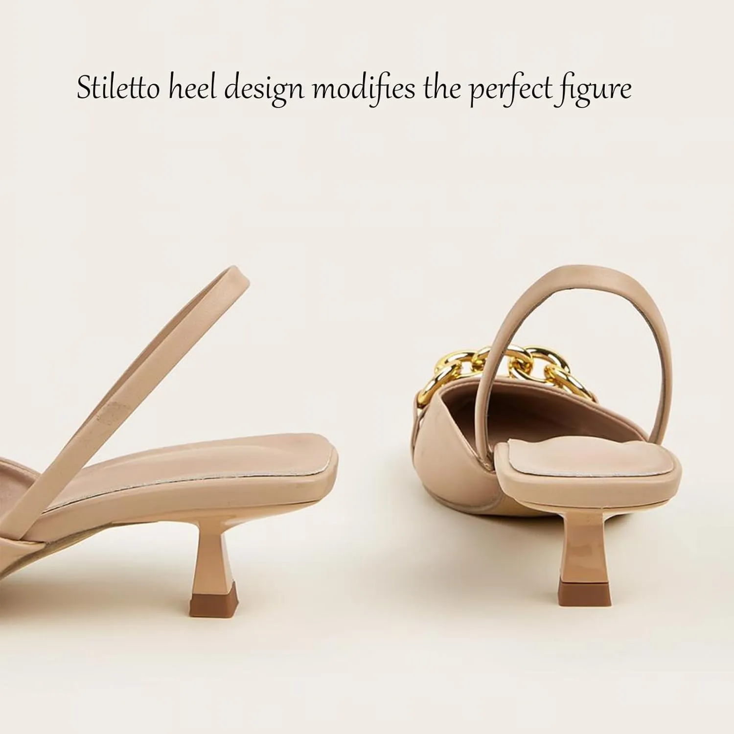 Women's Leather Metal Kitten Heel Slingback Dress Pumps, Fashionable Closed Pointed Toe Elastic Ankle Strap Backless Low Stiletto Mule Sandals for Wedding Party
