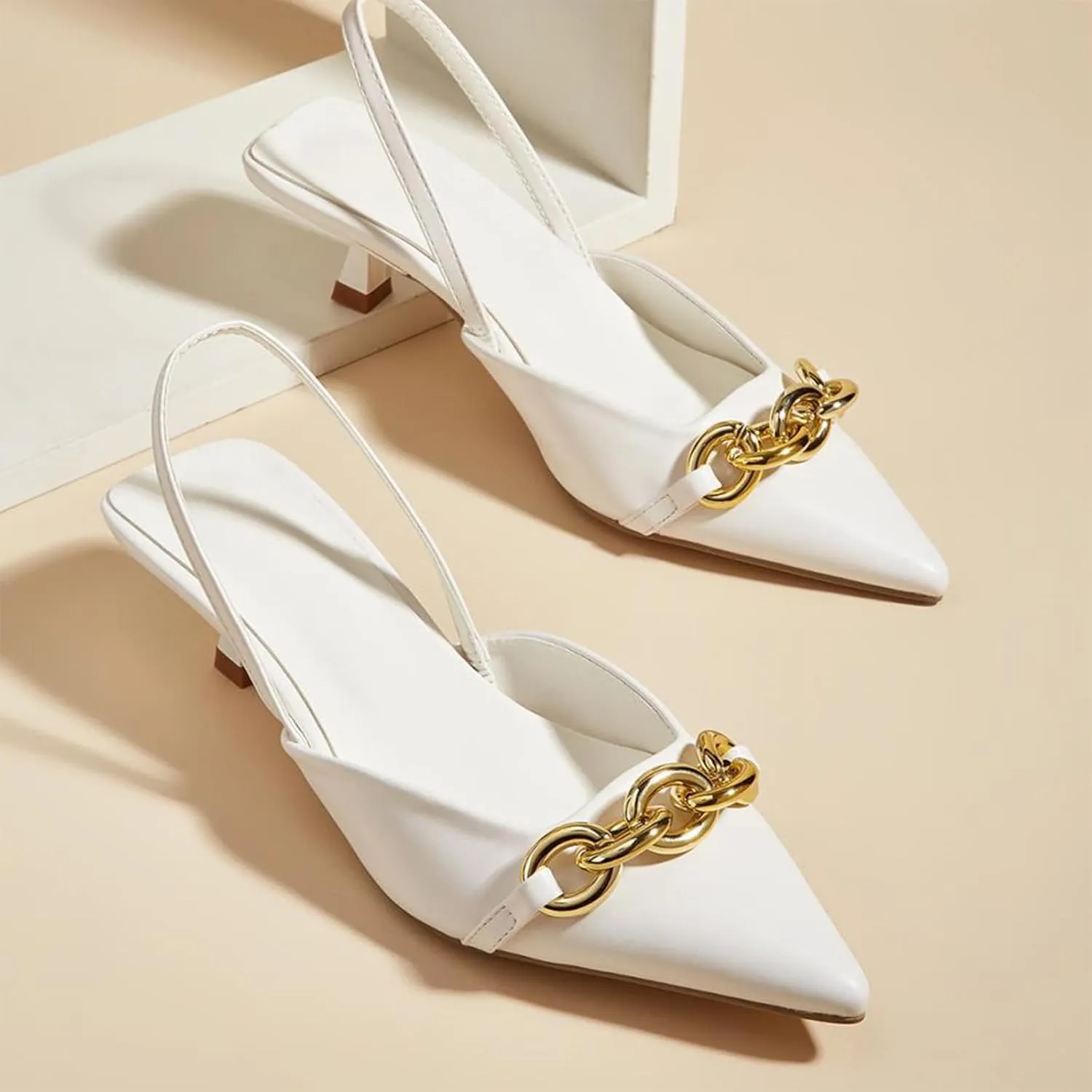 Women's Leather Metal Kitten Heel Slingback Dress Pumps, Fashionable Closed Pointed Toe Elastic Ankle Strap Backless Low Stiletto Mule Sandals for Wedding Party