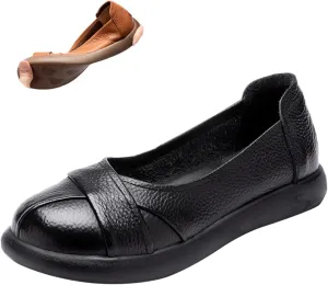 Women's Leather Slip-On Dress Flat Shoes,Comfort Closed Round Toe Non-Slip Soft Sole Oxford Casual Walking Pumps