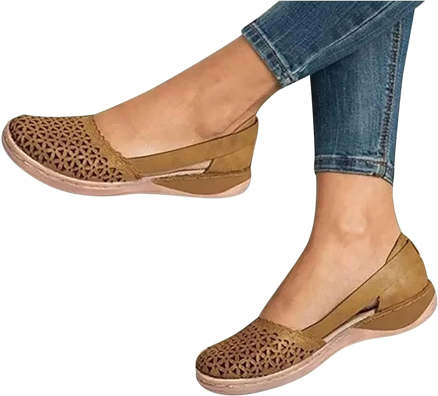 Womens Orthopedic Slip-On Loafers Breathable Hollow Out Wedge Sandals Fashion Open Back Flats Walking Shoes Comfortable Orthotic Shoes for Foot and Heel Pain Relief