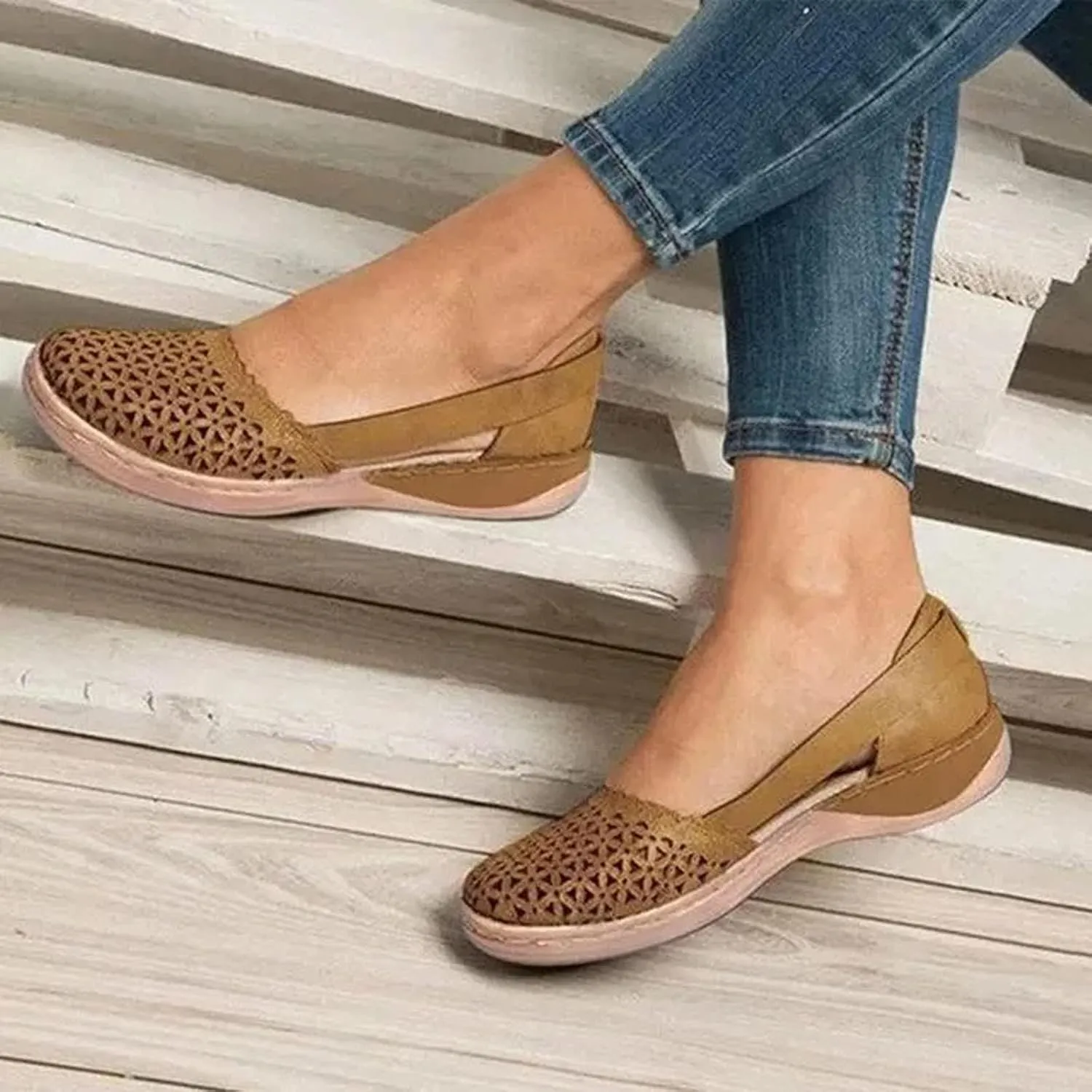 Womens Orthopedic Slip-On Loafers Breathable Hollow Out Wedge Sandals Fashion Open Back Flats Walking Shoes Comfortable Orthotic Shoes for Foot and Heel Pain Relief