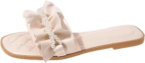 Women's Pearl Ruffled Square Open Toe Slides Sandals Fashionable Soft Flats Memory Foam Slip On Anti-Slip Dress Wedding Slippers