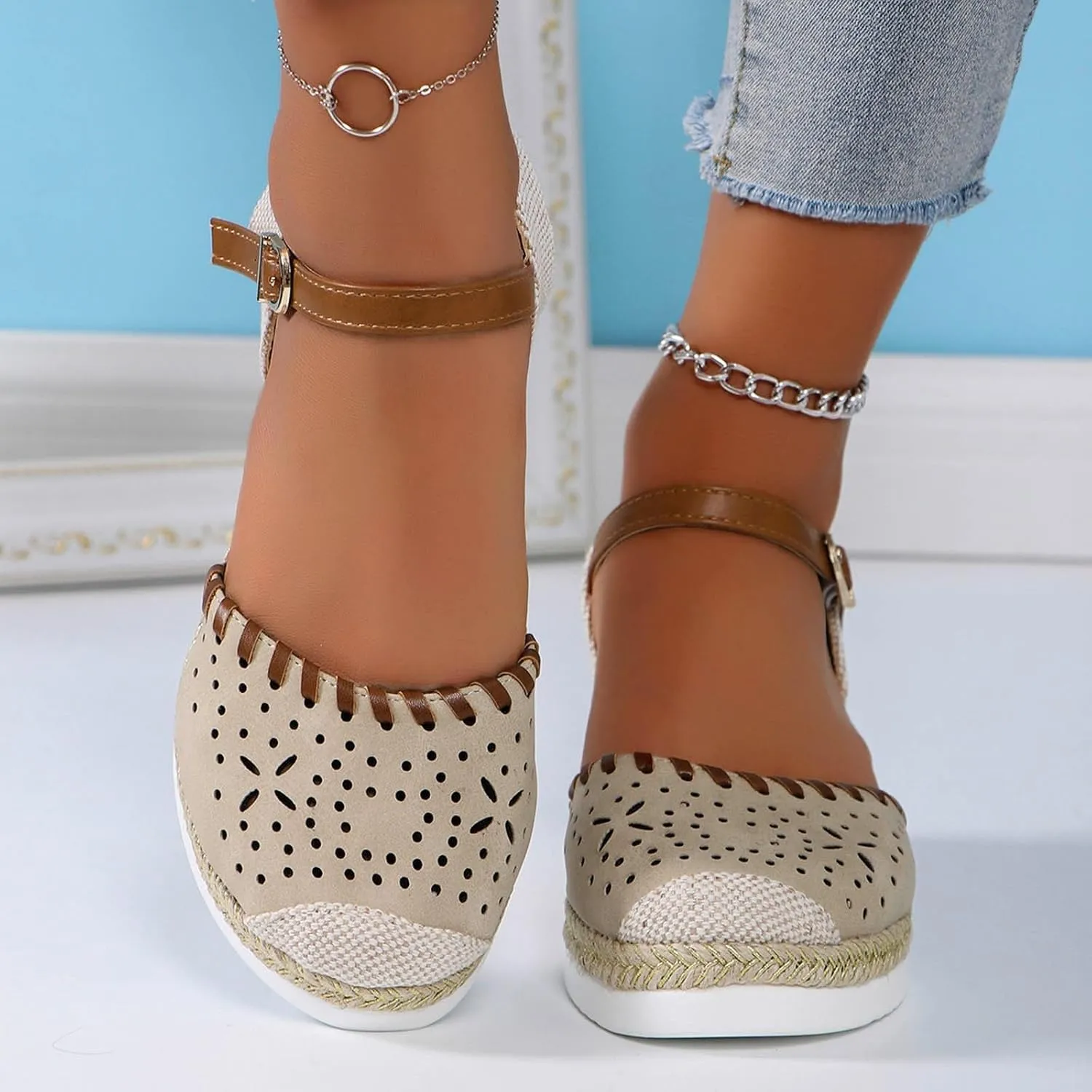 Women's Platform & Wedge Sandals Summer Closed Toe Hollow Out Orthopedic Shoes Comfort Breathable Slip On Summer Sandals with Adjustable Buckle Ankle Strap