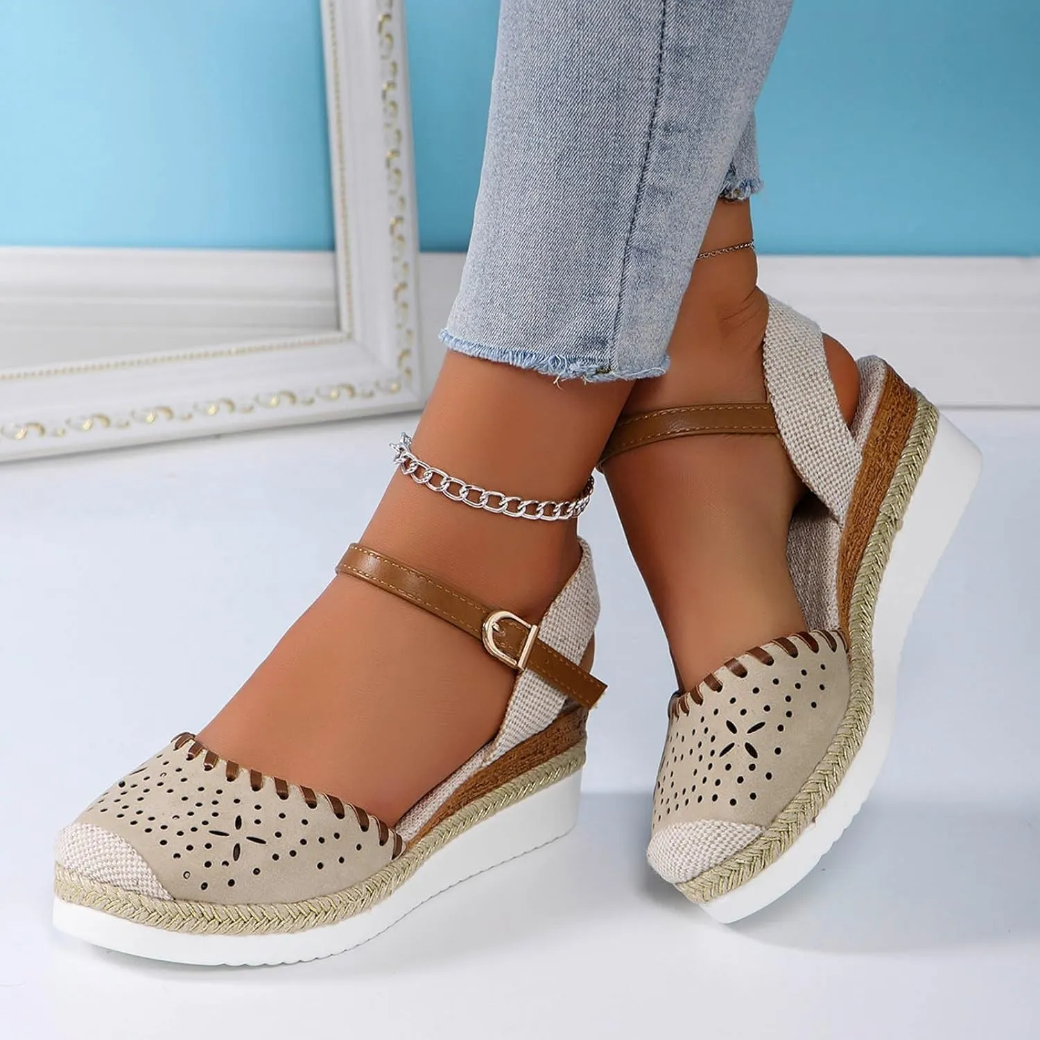 Women's Platform & Wedge Sandals Summer Closed Toe Hollow Out Orthopedic Shoes Comfort Breathable Slip On Summer Sandals with Adjustable Buckle Ankle Strap