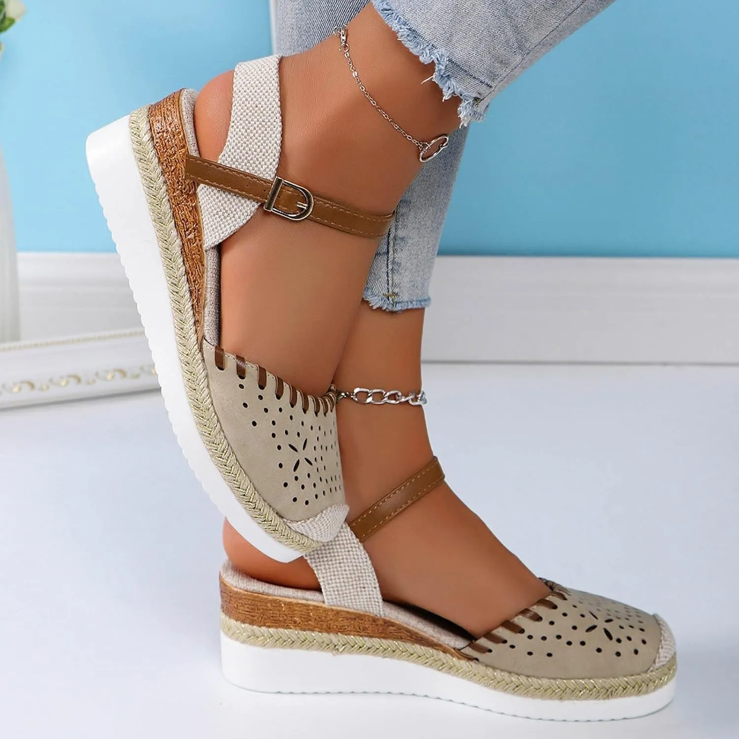 Women's Platform & Wedge Sandals Summer Closed Toe Hollow Out Orthopedic Shoes Comfort Breathable Slip On Summer Sandals with Adjustable Buckle Ankle Strap