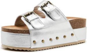 Women's Platform Slide Sandals Comfortable Cork Footbed Studded Clogs Adjustable Buckle Straps Open Toe Flatform Sandal Summer Slipper