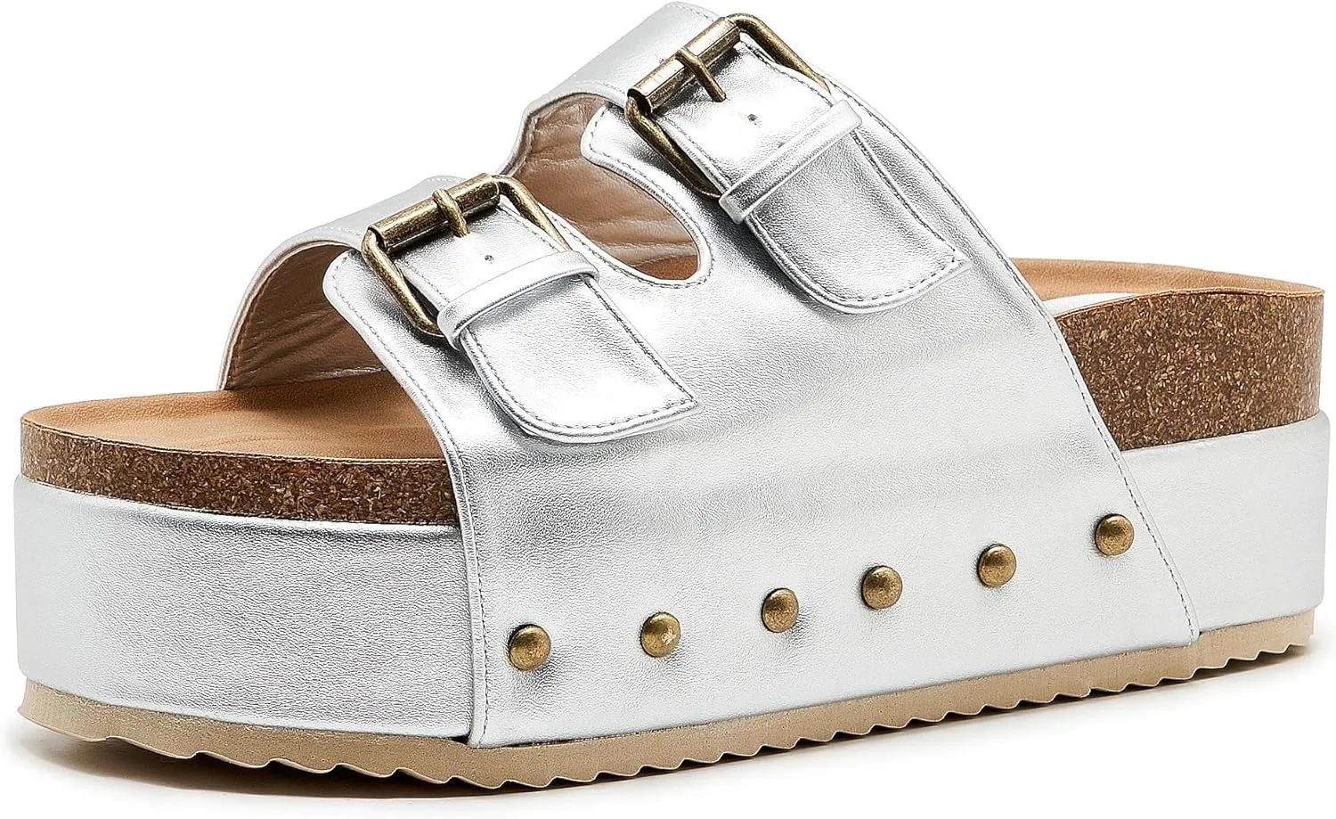 Women's Platform Slide Sandals Comfortable Cork Footbed Studded Clogs Adjustable Buckle Straps Open Toe Flatform Sandal Summer Slipper