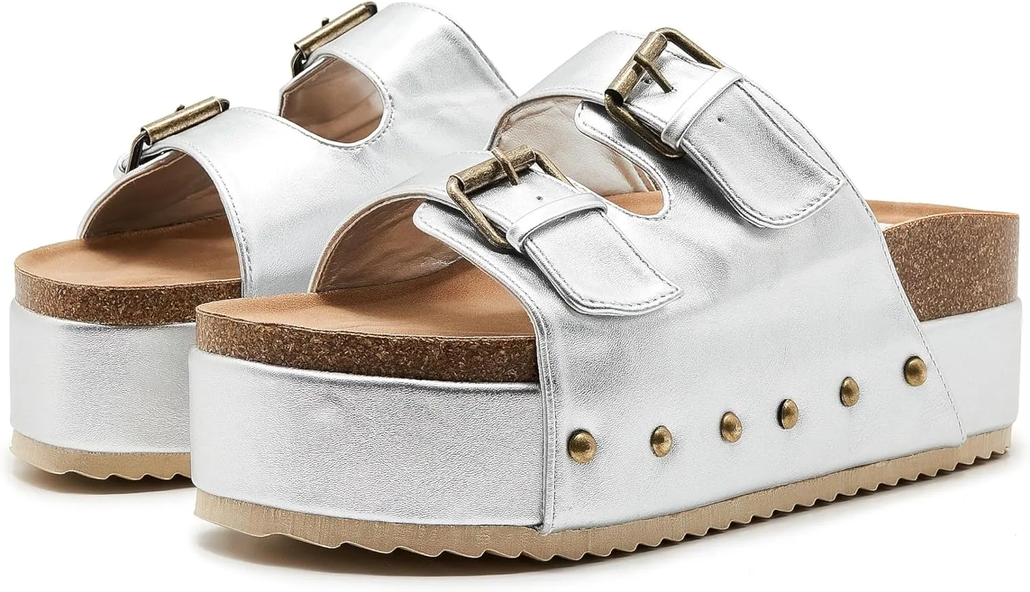 Women's Platform Slide Sandals Comfortable Cork Footbed Studded Clogs Adjustable Buckle Straps Open Toe Flatform Sandal Summer Slipper