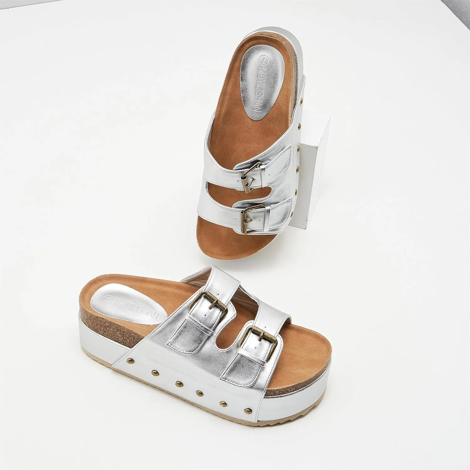 Women's Platform Slide Sandals Comfortable Cork Footbed Studded Clogs Adjustable Buckle Straps Open Toe Flatform Sandal Summer Slipper