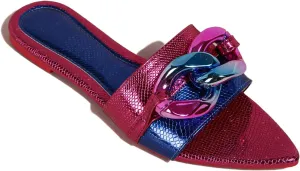 Women's Pointed Open Toe Flat Sandals with Chunky Chain Decor Slip-on Non Slip Beach Slides Sandals Casual Breathable Walking Slippers