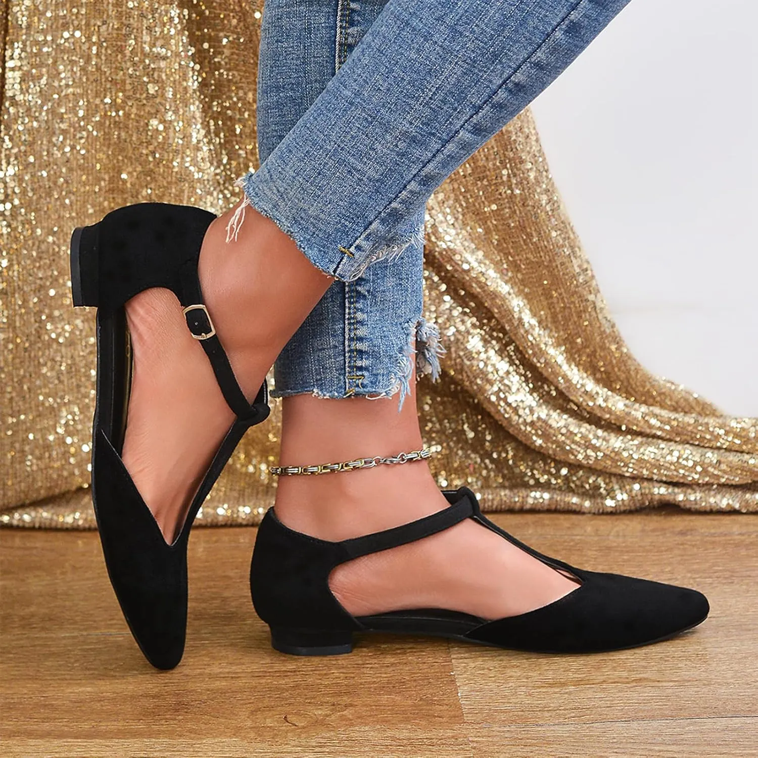 Women's Pointed Toe Flats Wide T-Strap Adjustable Flat Shoes Slip on Comfortable Dressy Shoes for Date Home Office