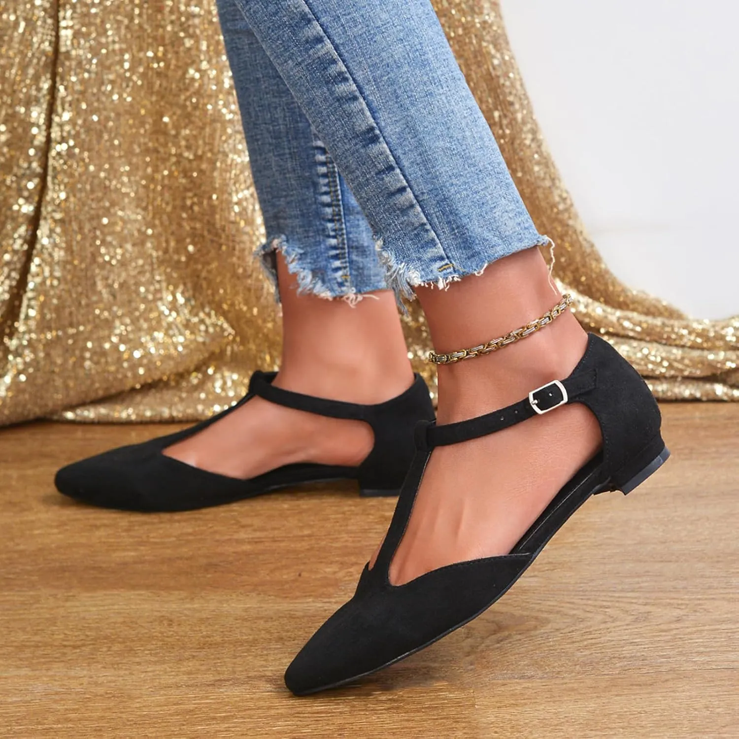 Women's Pointed Toe Flats Wide T-Strap Adjustable Flat Shoes Slip on Comfortable Dressy Shoes for Date Home Office