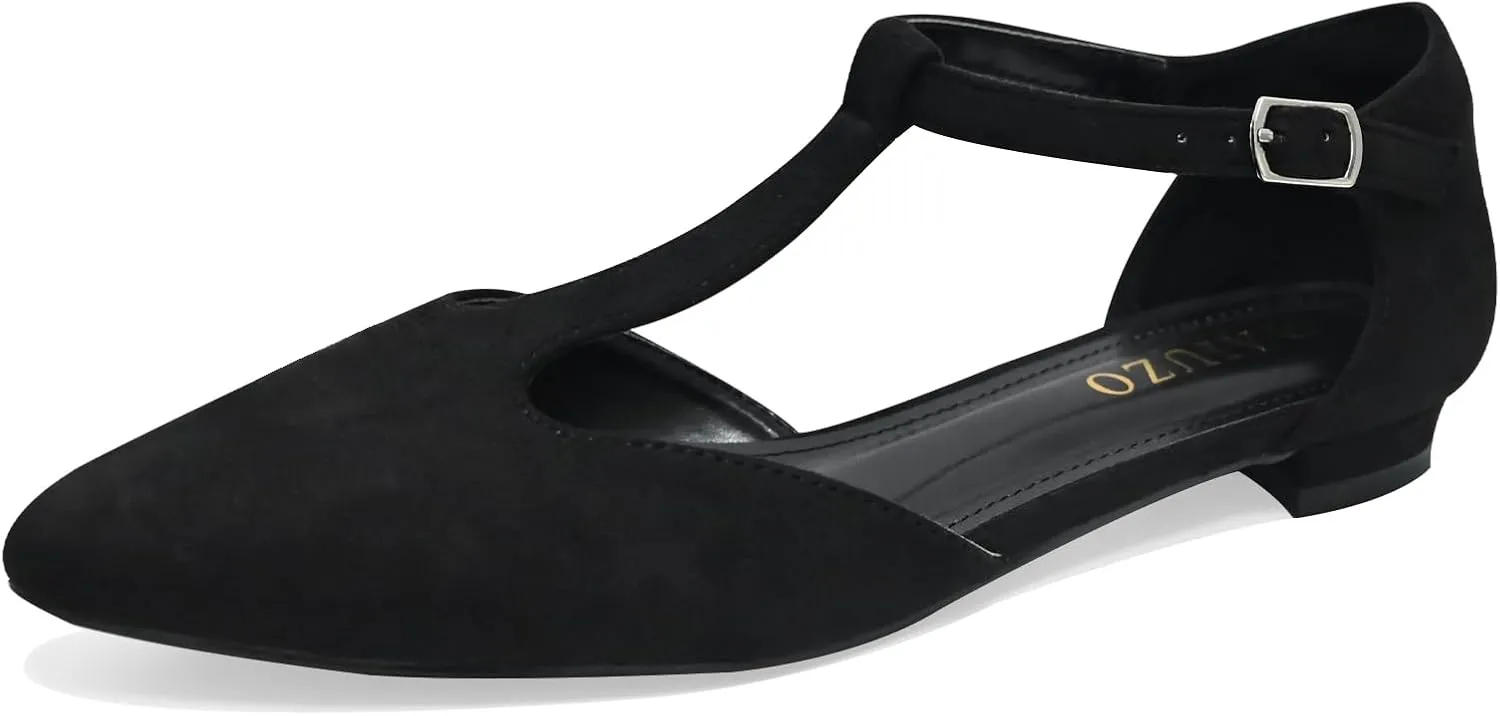 Women's Pointed Toe Flats Wide T-Strap Adjustable Flat Shoes Slip on Comfortable Dressy Shoes for Date Home Office