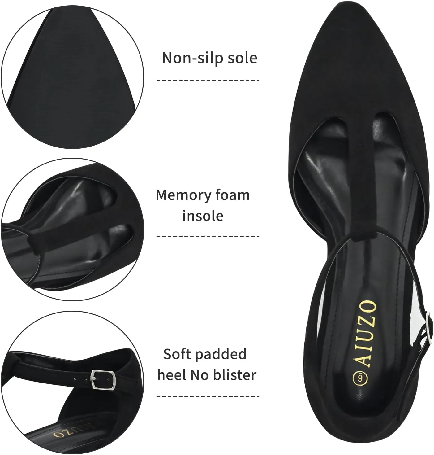 Women's Pointed Toe Flats Wide T-Strap Adjustable Flat Shoes Slip on Comfortable Dressy Shoes for Date Home Office