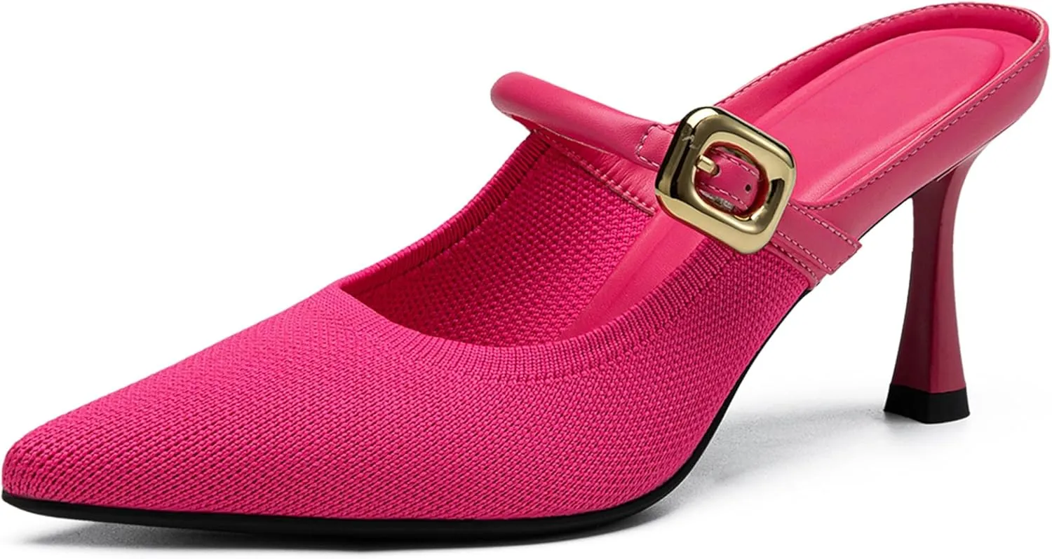 Women's Pointed Toe Heeled Mules, Knit Sandals, Slip-On Shoes